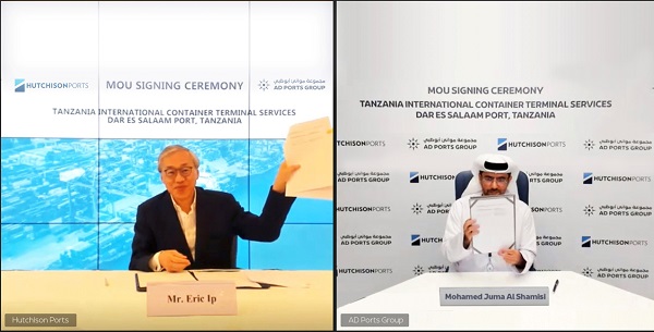 Captain Mohamed Juma Al Shamisi, Managing Director & Group CEO, AD Ports Group; and Eric Ip, Group Managing Director of Hutchison Ports signing the MoU