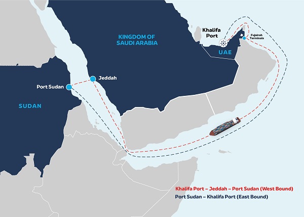 خريطة توضح مسار الخدمات الجديدة بين دولة الإمارات العربية المتحدة وموانئ البحر الأحمر التي أطلقتها سفين فيدرز