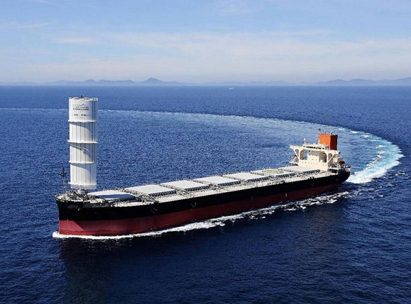 Shofu Maru is the first of its kind to be equipped with a Wind Challenger, a hard sail wind propulsion system developed by Mitsui O.S.K. Lines and Oshima Shipbuilding. PHOTO from MOL