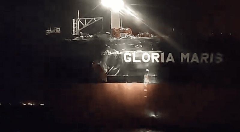 Damage to the bow of the Gloria Maris after its collision with the HMM St. Petersburg, December 3, 2024. Photo from video by Salvamento Maritimo