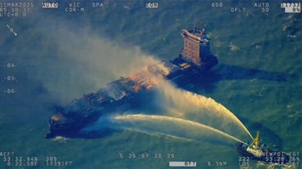 Firefighting efforts on the Solong on March 11 (Photo: Maritime and Coastguard Agency)