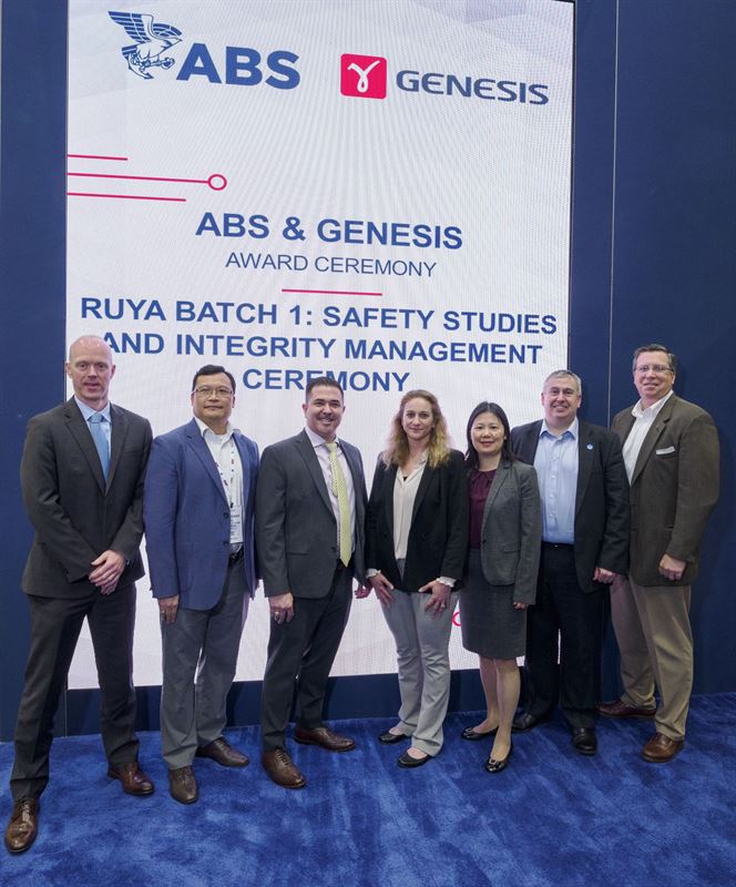 Representatives from the project team met during OTC Houston 2024. (L to R) Gareth Burton, ABS Senior Vice President, Global Engineering; Zhaoxiang Tang, Delivery Manager, Genesis; Miguel Hernandez, ABS Senior Vice President, Global Offshore; Delphine Stewart, Head of Country – U.S. Genesis; Wei Huang, ABS Director, Global Offshore; David Fergusson, Head of Market – Upstream, Technip Energies; and Matt Tremblay, ABS Vice President, Global Offshore