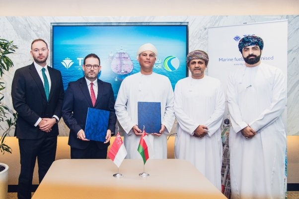 Pictured from left to right during the recent signing ceremony in Dubai: Angus Littleford, Head of Global Accounts for TFG Marine; Mark Russell, Chief Commercial Officer, TFG Marine; Tarik Al-junaidi, Chief Executive Officer, OOMCO; Amer Jaboob, General Manager B2B, OOMCO and Dr Ahmed Murad Al Balushi, Manager Corporate Affairs, OOMCO.