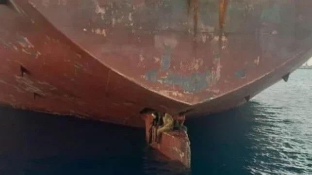 Authorities in the Canary Islands reported four stowaways found on the rudder of containership similar to the 2023 situation seen here (Canary Island Police)