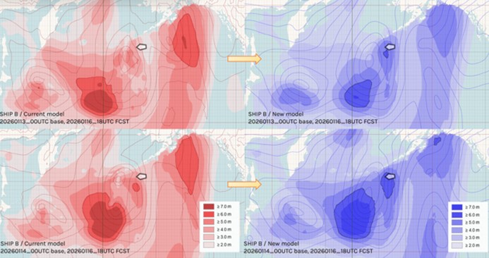 Comparison of wave height forecasts from the previous system (left) and the new system (right). At the vessel location (icon, near the Alaska Peninsula), reported wave heights were approximately 6 m. The new system was able to forecast this more accurately approximately 3 days in advance