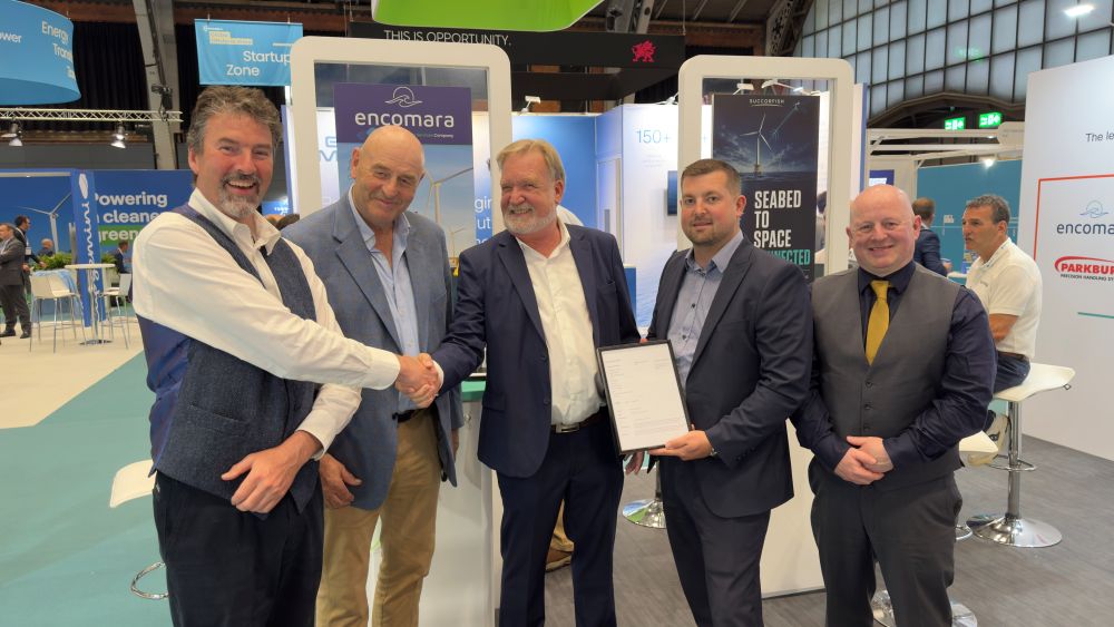 (L to R): Malcolm Bowie, Encomara Technical Director; Ian Donald, Encomara Managing Director; Lars Samuelsson, ABS Business Development Manager; Robbie Majury, Encomara Project Director; and Keith Will, ABS Business Development Manager at Global Offshore Wind 2026