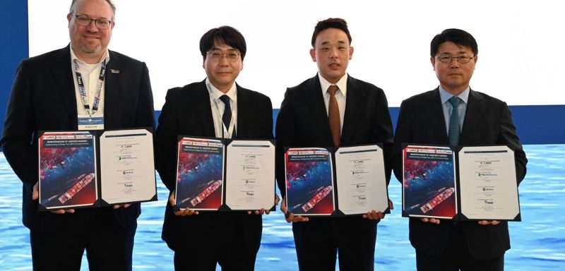 (L to R): Patrick Ryan, ABS Senior Vice President and Chief Technology Officer; HunHee Lee, HD HHI Senior Engineer; DoHoon Kim, Polaris Shipping Executive Vice President and Chief Operating Officer; and Jaeho Kang, Avikus CEO at Posidonia 2026