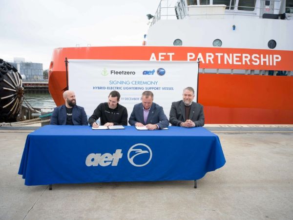 (From left to right) Mr Mike Carter (Co-Founder; Fleetzero), Mr Steven Henderson (Co-Founder & CEO; Fleetzero),  Capt. Ron Wood (Global Director, Commercial; AET), Mr David Baker (Director, Commercial - Offshore & Global Lightering; AET) at the Hybrid-Electric Support Vessel signing ceremony on 19 December 2024.