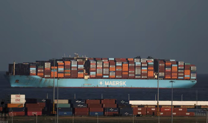 Shipping containers sit on a Maersk vessel arriving Algeciras port, in the province of Cadiz, southern Spain
