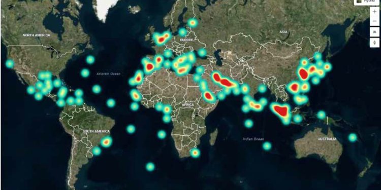 Heatmap of GMDSSS distress calls from Tankers, 2024 / Image credit: Inmarsat Maritime report