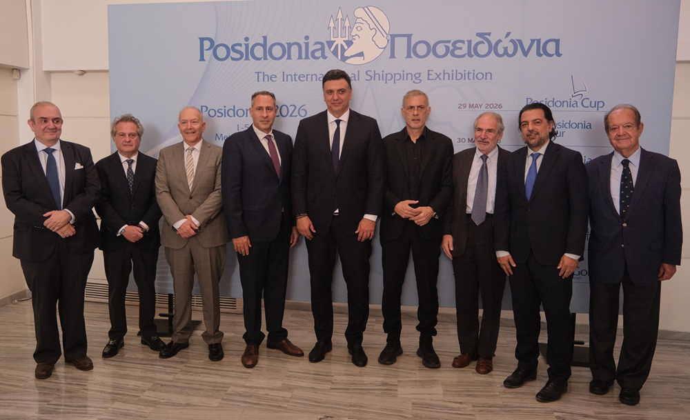 (from left): Charalambos Fafalios, Chairman, Greek Shipping Cooperation Committee, London, Charalambos Simantonis, President, Hellenic Shortsea Shipowners Association, Stefanos Gkikas, Deputy Minister of Maritime Affairs & Insular Policy, Theodore Vokos, Managing Director, Posidonia Exhibitions S.A., Vasilis Kikilias, Minister of Maritime Affairs & Insular Policy, Yiannis Moralis, Mayor of Piraeus, John C. Lyras, President, Posidonia Coordinating Committee, George Alexandratos, President, Hellenic Chamber of Shipping, John Marangoudakis, President, Hellenic Offshore Racing Club (HORC)