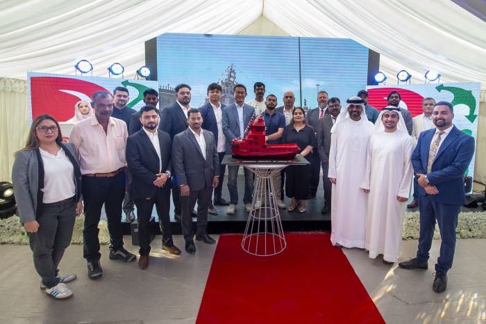 Ling Yong Wah, CEO Vallianz Holdings Limited; Walter van Aarde, General Manager Rawabi Vallianz Offshore Services; Hemant Kumar Tandon, Managing Director, Premier Marine Shipyards along with officials and guests during the Rawabi 73 launch ceremony at Dubai Maritime City.