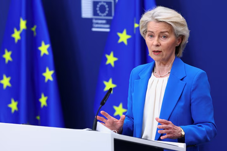 European Commission President Ursula von der Leyen speaks at a press conference in Brussels, Belgium, April 13, 2026. REUTERS/Yves Herman
