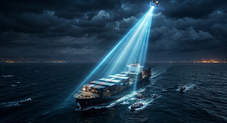 An AI generated image of a ship transmitting location data though satellite communication systems