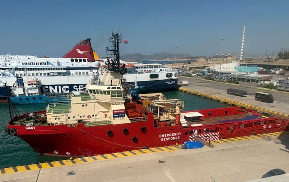 Salvage vessel "Giant" is moored at the port of Piraeus, before sailing to the Red Sea to assist in maritime accidents and global shipping and protect seafarers, following the Houthi attacks revival, in Piraeus, Greece, July 24, 2025. Greek Shipping Ministry/Handout via REUTERS Purchase Licensing Rights